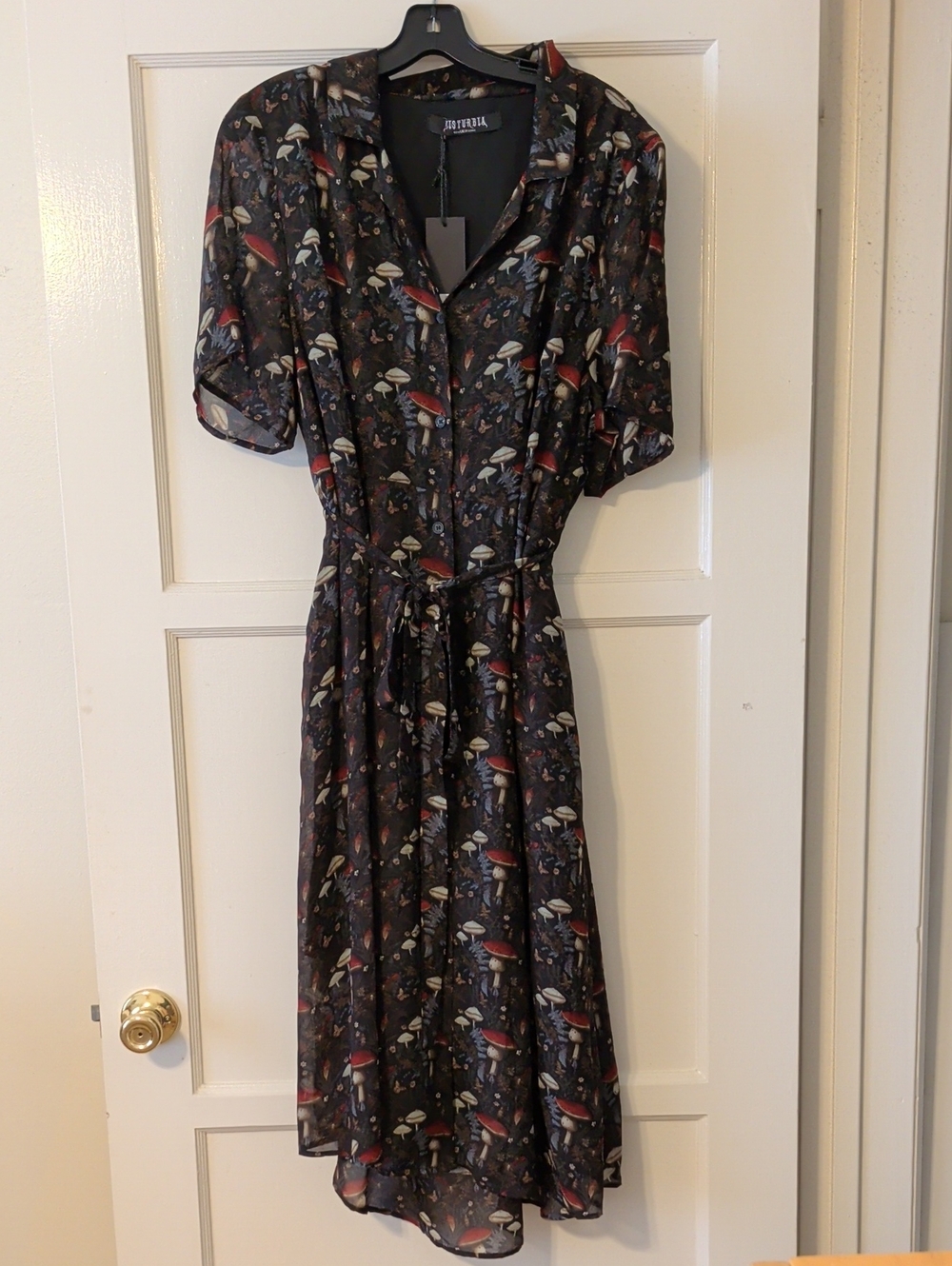 Anthropologie Black Mushroom-Print Button-Front Midi Dress